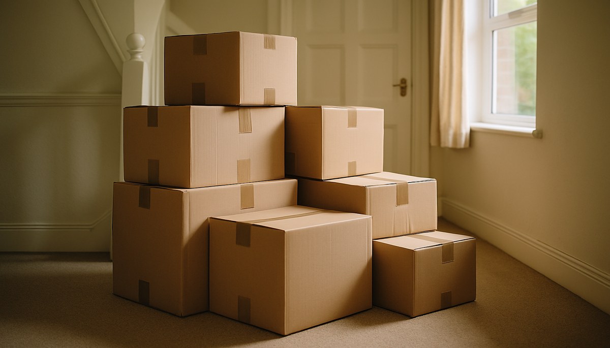 Removal boxes stacked in a hallway as someone prepares to move home in England.