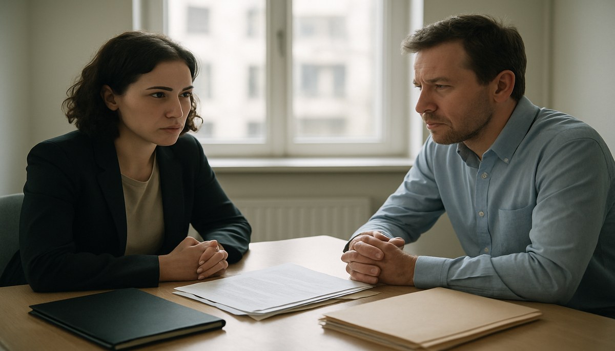 Two people with documents at a table in a solicitor's office, natural light.
