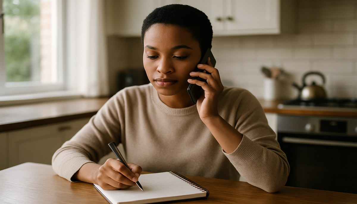 Person on the phone with a notepad, negotiating a payment arrangement with their local council.