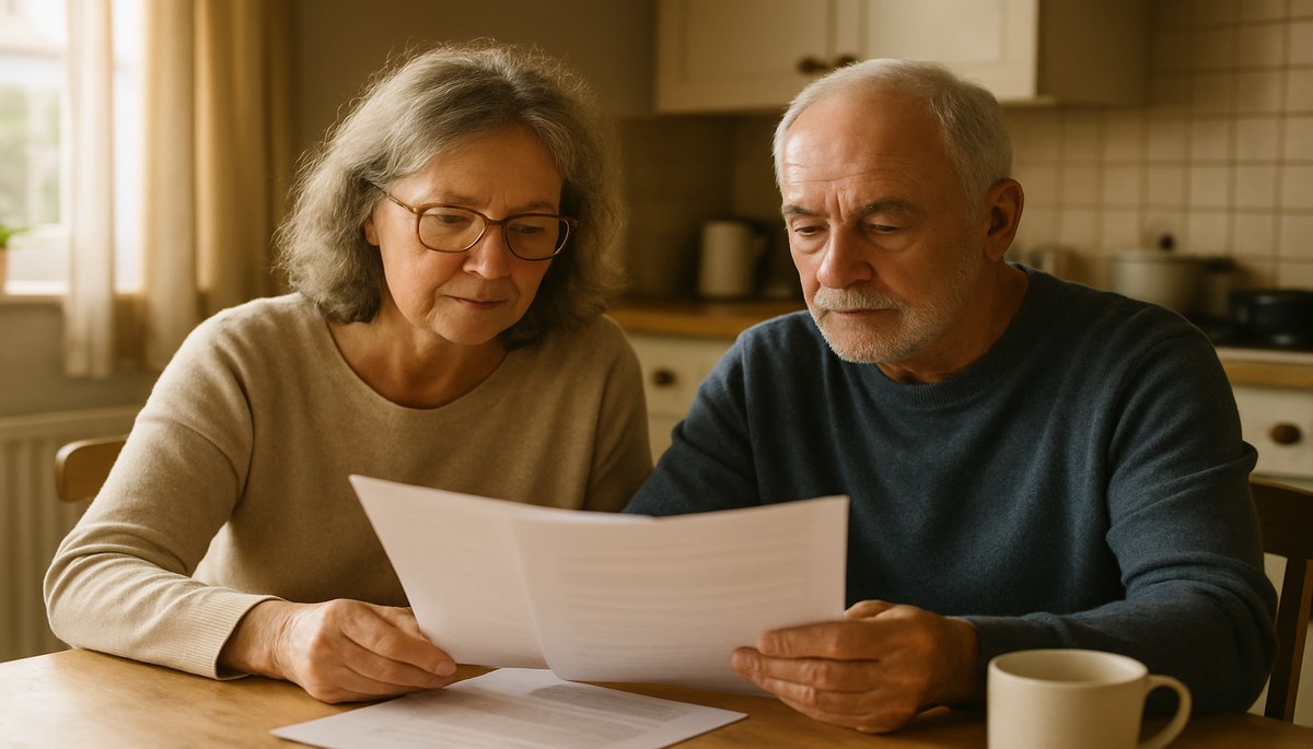 Older couple reviewing council tax documents at a kitchen table, natural light.