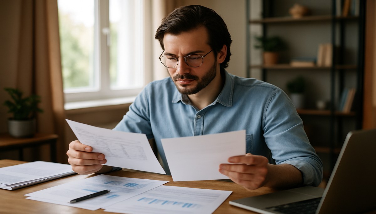 Self-employed person working at a desk reviewing accounts and a council tax letter.