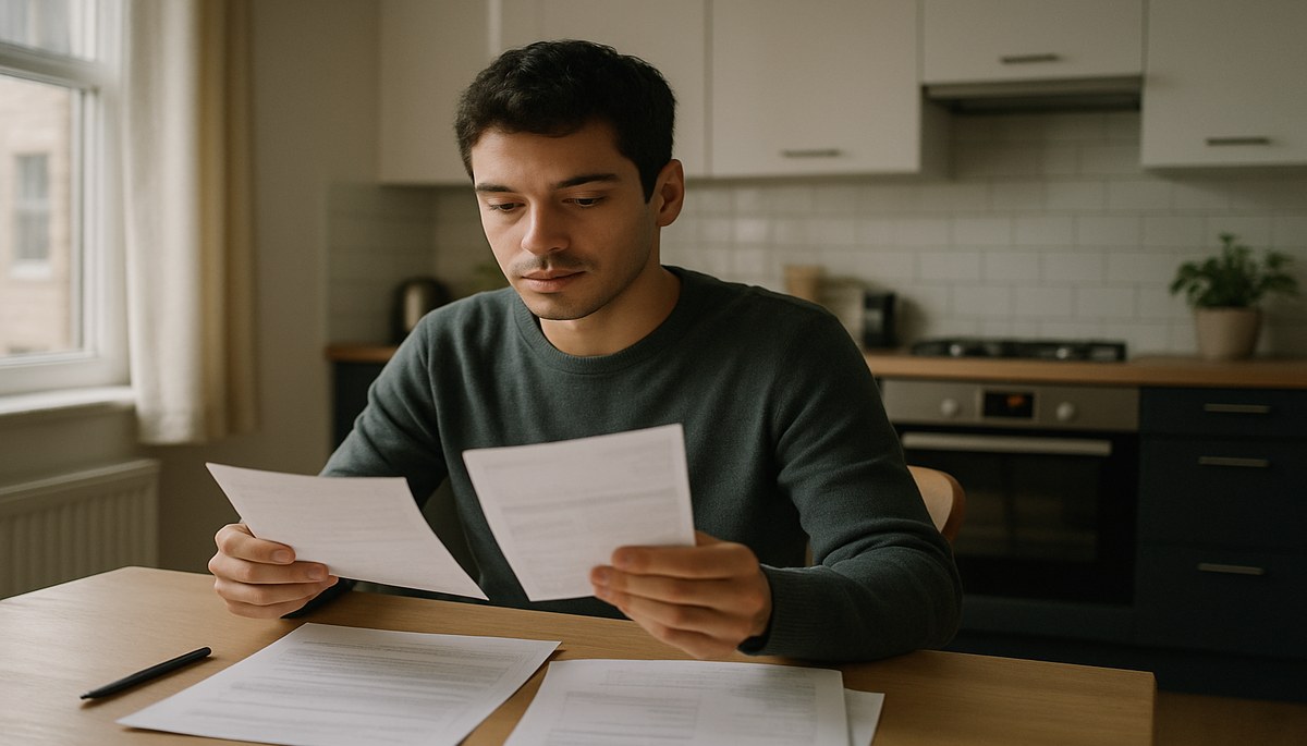 A young tenant sitting at a kitchen table reviewing a council tax bill, representing the responsibilities and rights of renters paying council tax in the UK in 2026.